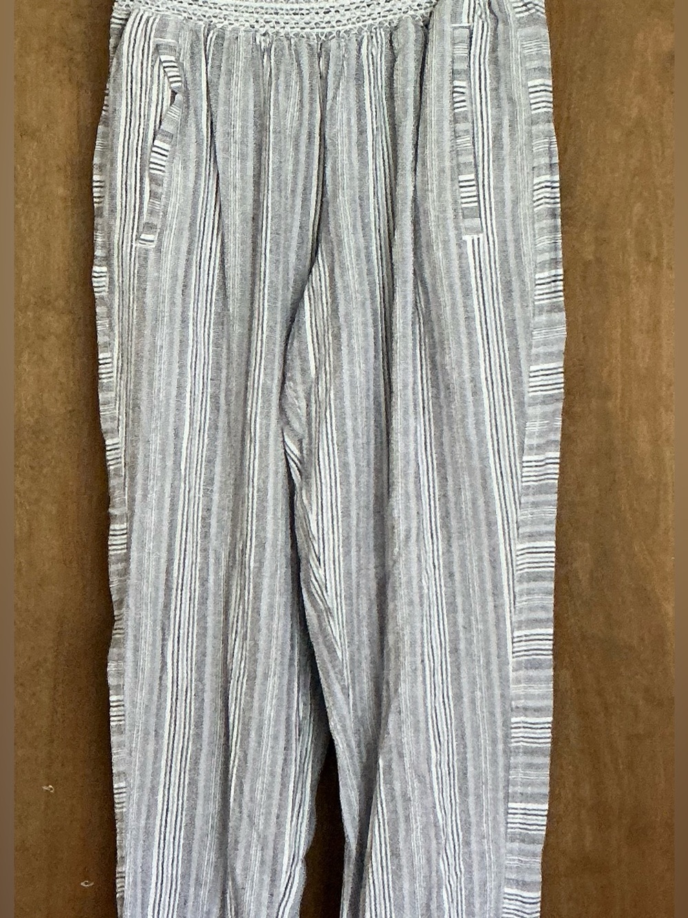 Westbound Striped Linen Blend Pants L SmockedElastic Waist Cropped Boho Nautical